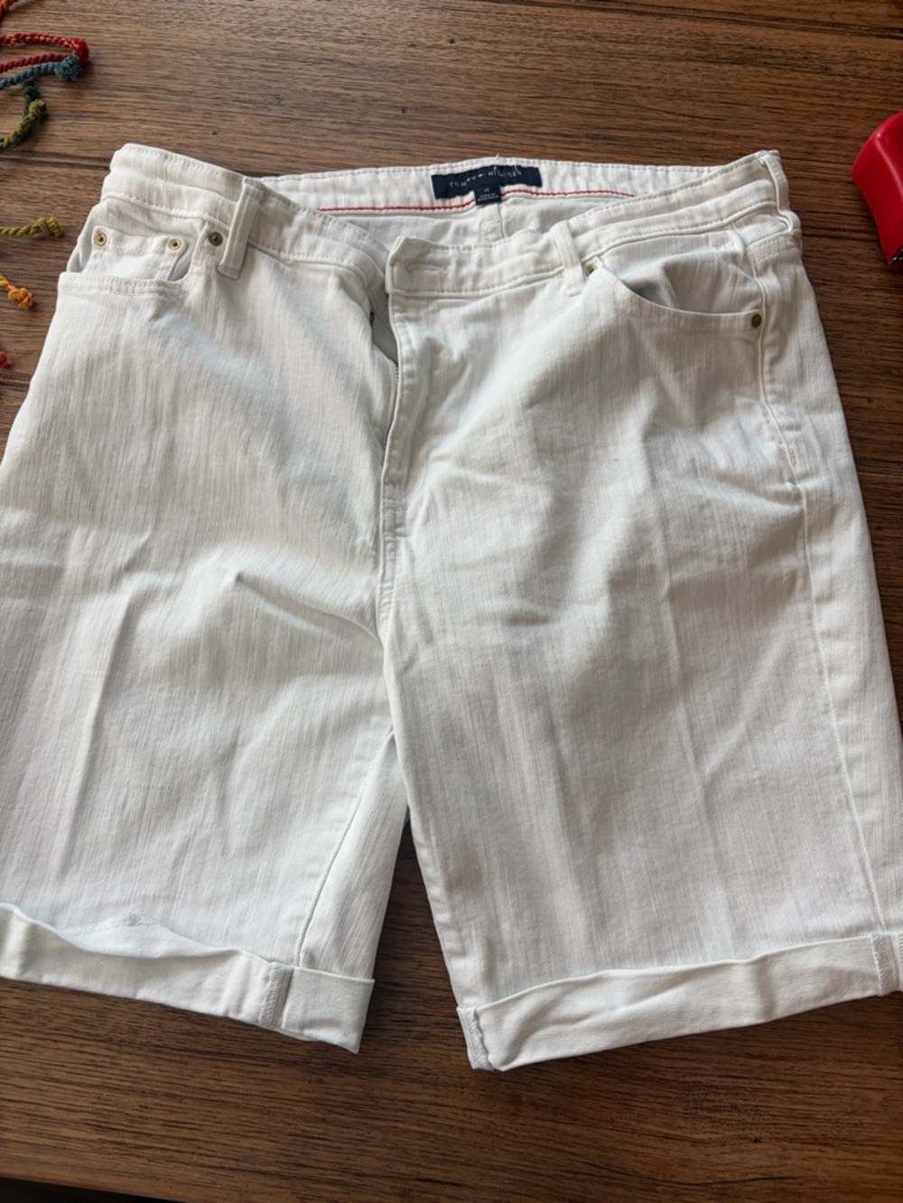 Tommy Hilfiger White shorts with Navy Label and Red Trim